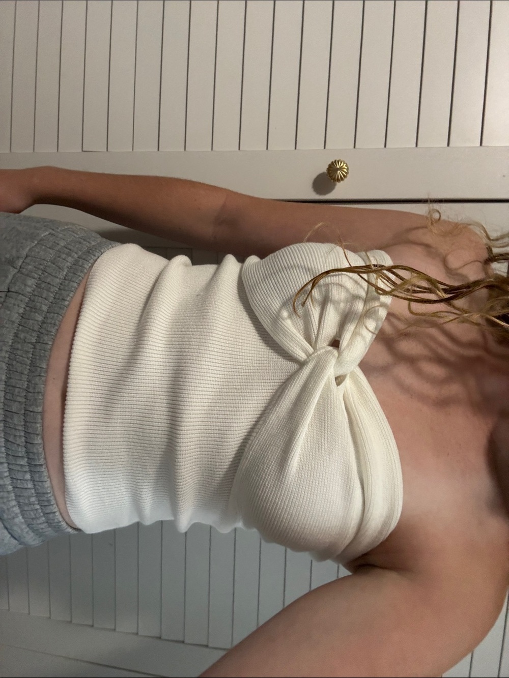 White Knot-Front Ribbed Women's Sweater Top